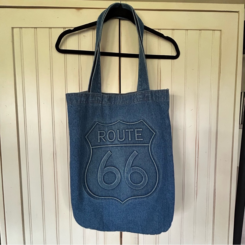 Denim Route 66 Embossed Tote Bag EUC
